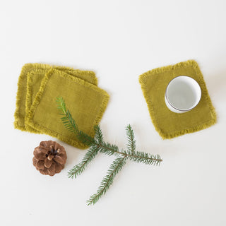 Set of 4 Moss Green Christmas Washed Linen Coasters with Fringes 1
