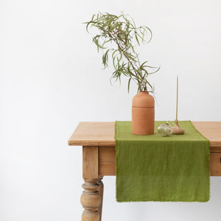 Christmas Green Linen Table Runner with Fringes - Linen Tales USA 2